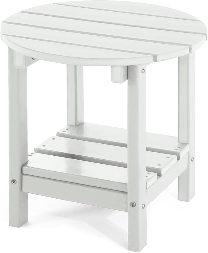 Adirondack Outdoor Side Tables, 2-Tier Round Outdoor Table, Weather Resistant HDPE Patio End Table for Garden, Lawn, Pool, Beach, Porch, Deck, Backyard - White