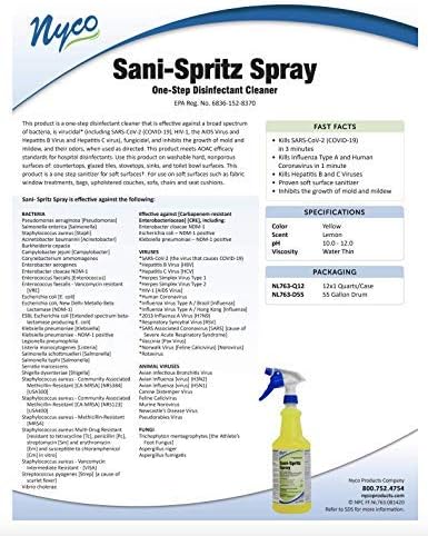 Nyco?? Sani-Spritz Spray - 32 oz Quart Bottle - Ready-to-Use Disinfectant Cleaner & Deodorizer - Inhibits Growth of Mold & Mildew (sprayer not included)