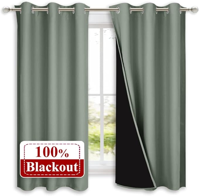 NICETOWN Greyish Green 100% Blackout Lined Curtains, 2 Thick Layers Completely