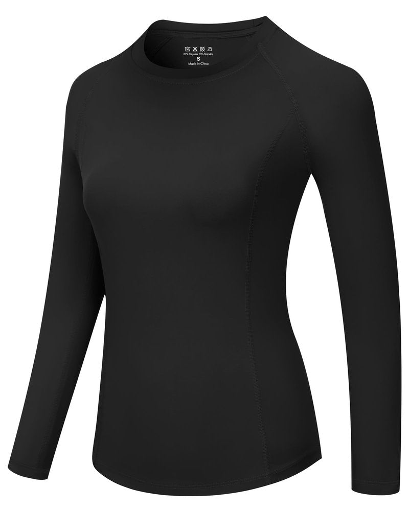 Runhit Compression Shirt Women Long Sleeve UPF 50+ Workout Undershirts Crew Neck Underscrub Athletic Running Tops Black