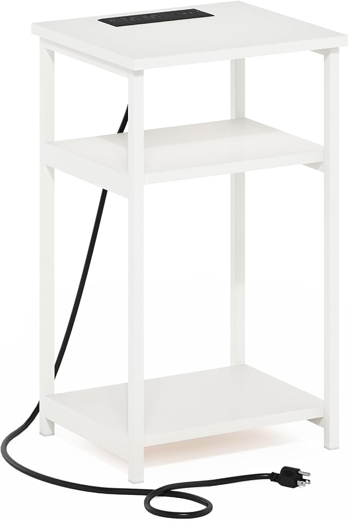 Furinno Moretti Side Table, 3-Tier Modern End Table with Charging Station, Metal Frame Night Stand, Bedside Table with USB and Type-C Port, for Living Room, Bedroom, White