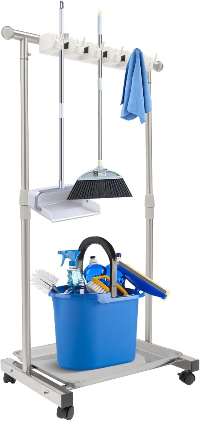 Broom Holder Organizer Movable Closet Storage Cabinet Mop Rack, Floor Standing Cleaning Supplies Tool Cart For Garage, Schools, Hotels, Hospitals, Factories, Restaurant(6 Hook & 5 Slots)