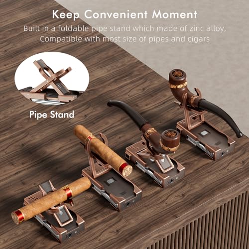 Pipe Lighter with Pipe Stand, 3 in 1 Cleaner Tools, Refillable Butane Lighter with Angled Soft Flame, Pipe Lighters for Smoking, Pipe Gift for Father's Day,Christmas Day (Bronze)