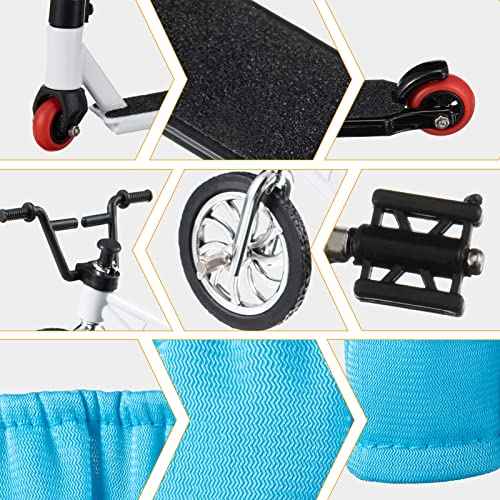 Zomiboo 18 Pieces Finger Toy Set Including Alloy Finger Bikes, Finger Scooter, Finger Pants, Replacement Wheels, Bike Lock and Mini Tools Movement Party Favors(Black, White, Blue)