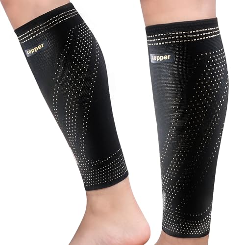 Hiball Copper Calf Compression Sleeves for Men & Women, Lower Leg Support Braces, Footless Graduated Compression Socks for Varicose Veins, Shin Splint, Lymphedema, Calf Pain Relief, Running (1 Pair)