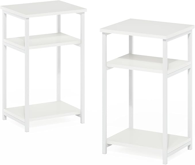 Furinno JUST Side Table Set of 2, 3-Tier Metal Frame Modern End Table with Open Shelf, Night Stand, Bedside Table, for Living Room, Bedroom, White
