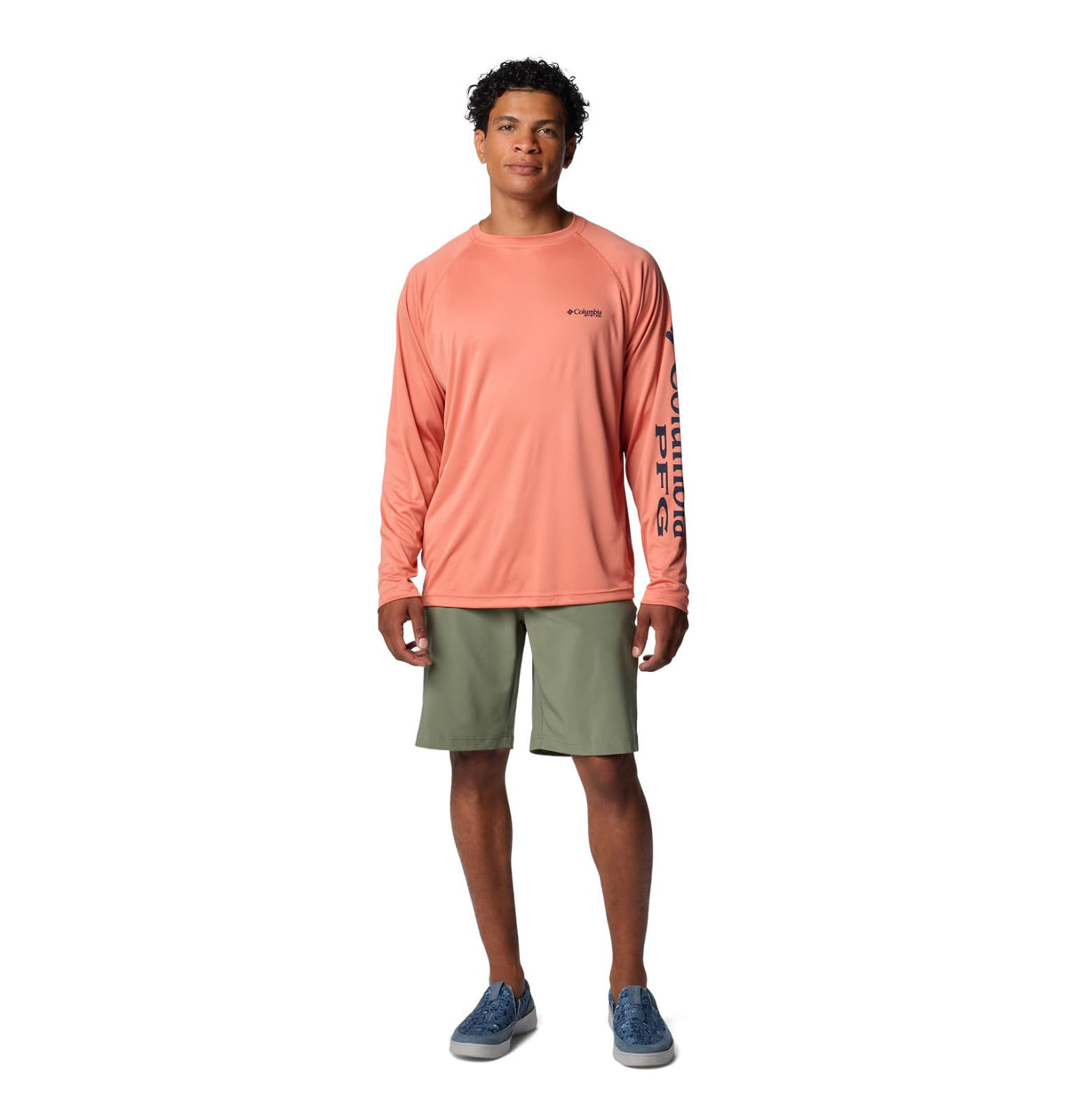 Columbia Men's Terminal Tackle Long Sleeve Shirt, Faded Peach/Collegiate Navy Logo, X-Small