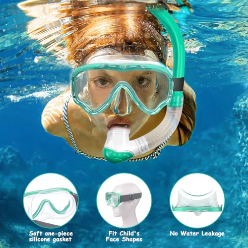 Vvinca Snorkeling Gear for Kids Dry Top Kids Snorkel Set for Boys Girls Junior Youth Children Age 4-14 Swim Goggles with Nose Cover Anti-Fog Panoramic View Adjustable Elastic Diving Mask and Snorkel