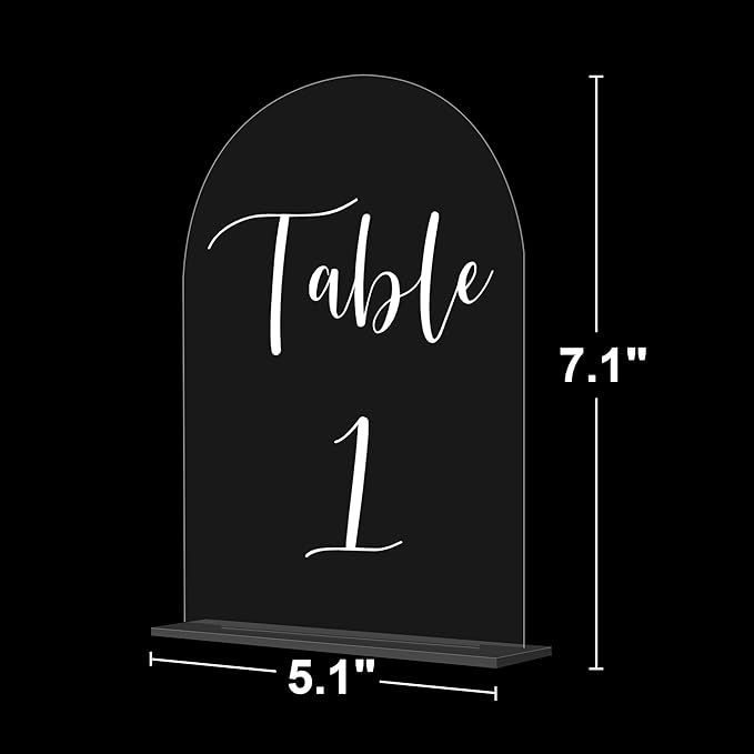 JOYIT Arch Wedding Table Numbers 1-50 with Stands – 5" X 7" Acrylic Table Signs with Clear Background White Text, Perfect Acrylic Numbers for Wedding Receptions, Parties, Anniversaries and Events