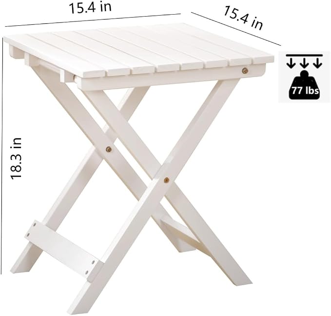 Outdoor Small Table Square Folding Wooden Patio Side Table Set of 2 Furniture Table for Adirondack Chair, Balcony, Porch, No Assembly Required, White
