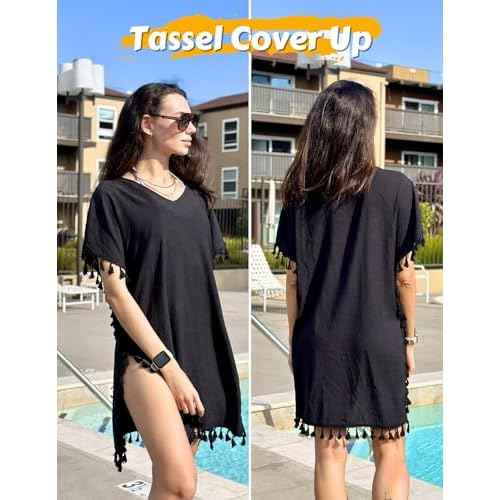 AI'MAGE Women Bathing Suit Cover Up Tassel Swimsuit Coverup Short Sleeve Beach Cover Ups Dress V Neck Beach Wear S-3XL