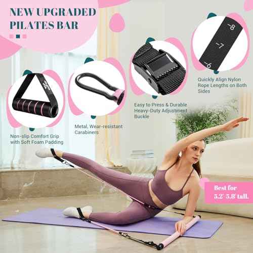 Pilates Bar Kit with Resistance Bands, Multifunctional Yoga Pilates Bar with Heavy-Duty Metal Adjustment Buckle, Portable Home Gym Pilates Resistance Bar Kit for Women Full Body Workouts