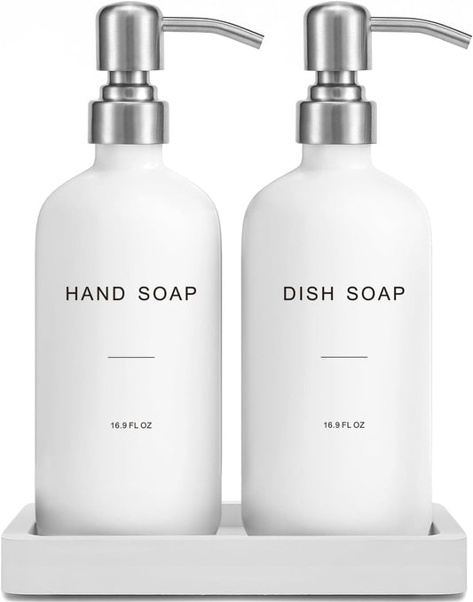 White Soap Dispenser for Kitchen Sink, Dish and Hand Soap Dispenser with Silver Stainless Steel Pump, Perfect for Kitchen Decor and Accessories. (Silver & White)
