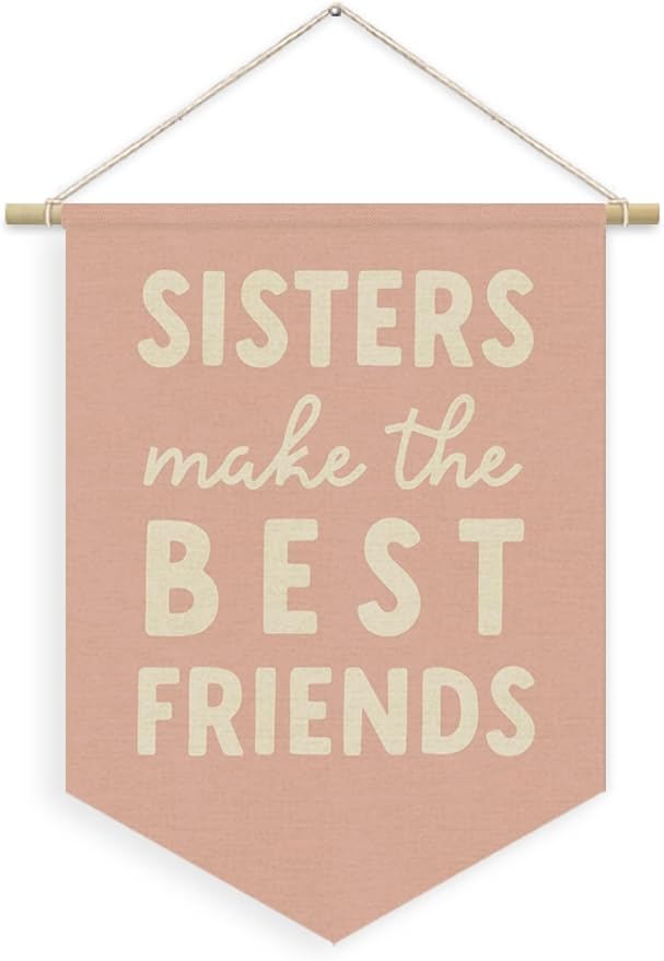 Girls Room Decor, Sisters Make the Best Friends Linen Canvas Banner, Pink Preppy Girly Wall Hanging Pennant Flag Banner for Girls Nursery Kids Toddler Room Bedroom Dorm Decor, 15x11in