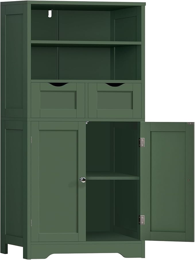 Iwell Bathroom Storage Cabinet with 2 Drawers & Adjustable Shelf, Storage Cabinet with Doors, Kitchen Pantry Storage Cabinets, Cupboard, for Living Room, Dining Room, Entryway, Green