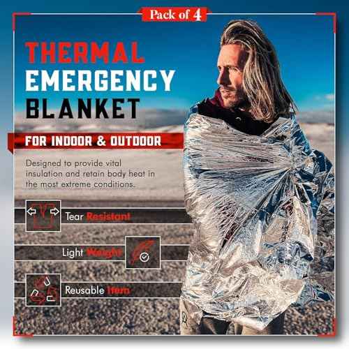 Emergency Blanket 4-Pack Space Mylar Blankets Survival Gear and Supplies Reusable Thermal Camping Hunting Essentials First Aid Car Emergency Kit Prepper Bug Out Bag Foil Warm Cat Cold Snow Winter