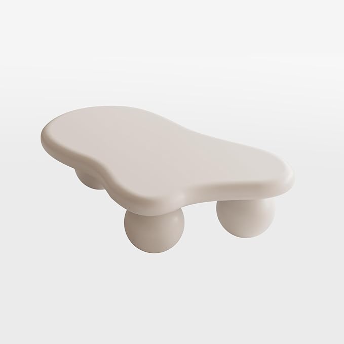 47 Inch Cloud Shaped Coffee Table with 3 Ball Legs for Living Room Cream White
