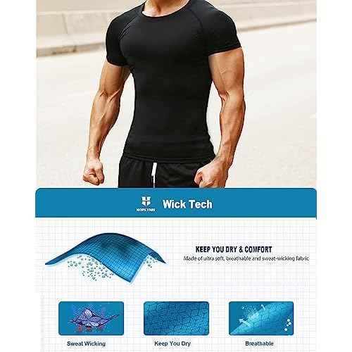 HOPLYNN 4/5 Pack Workout Compression Shirts Men Long/Short Sleeve Rash Guard Athletic Undershirt Gear T Shirt for Sports
