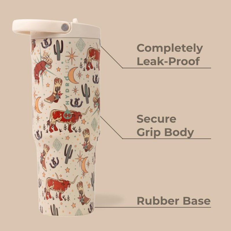 HydroJug Sport - Stainless Steel Tumbler with Straw, Vacuum Insulated, 40oz Leakproof Water Bottle, Ergonomic Design, Reusable, Dishwasher Safe, Rubber Base, Durable for Gym or Outdoors, Rodeo