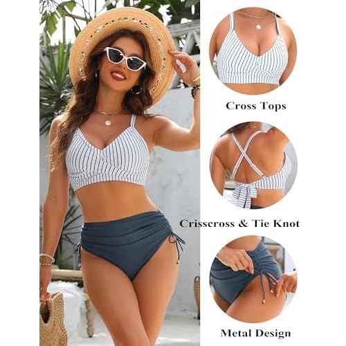 Blooming Jelly Womens High Waisted Bikini Sets Drawstring Tummy Control Swimsuits Crisscross Tie Back Bathing Suit