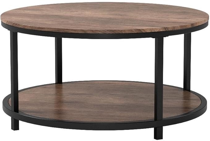 NSdirect Round Coffee Table,36" Coffee Table for Living Room,2-Tier Rustic Wood Desktop with Storage Shelf Modern Design Home Furniture(Light Walnut)