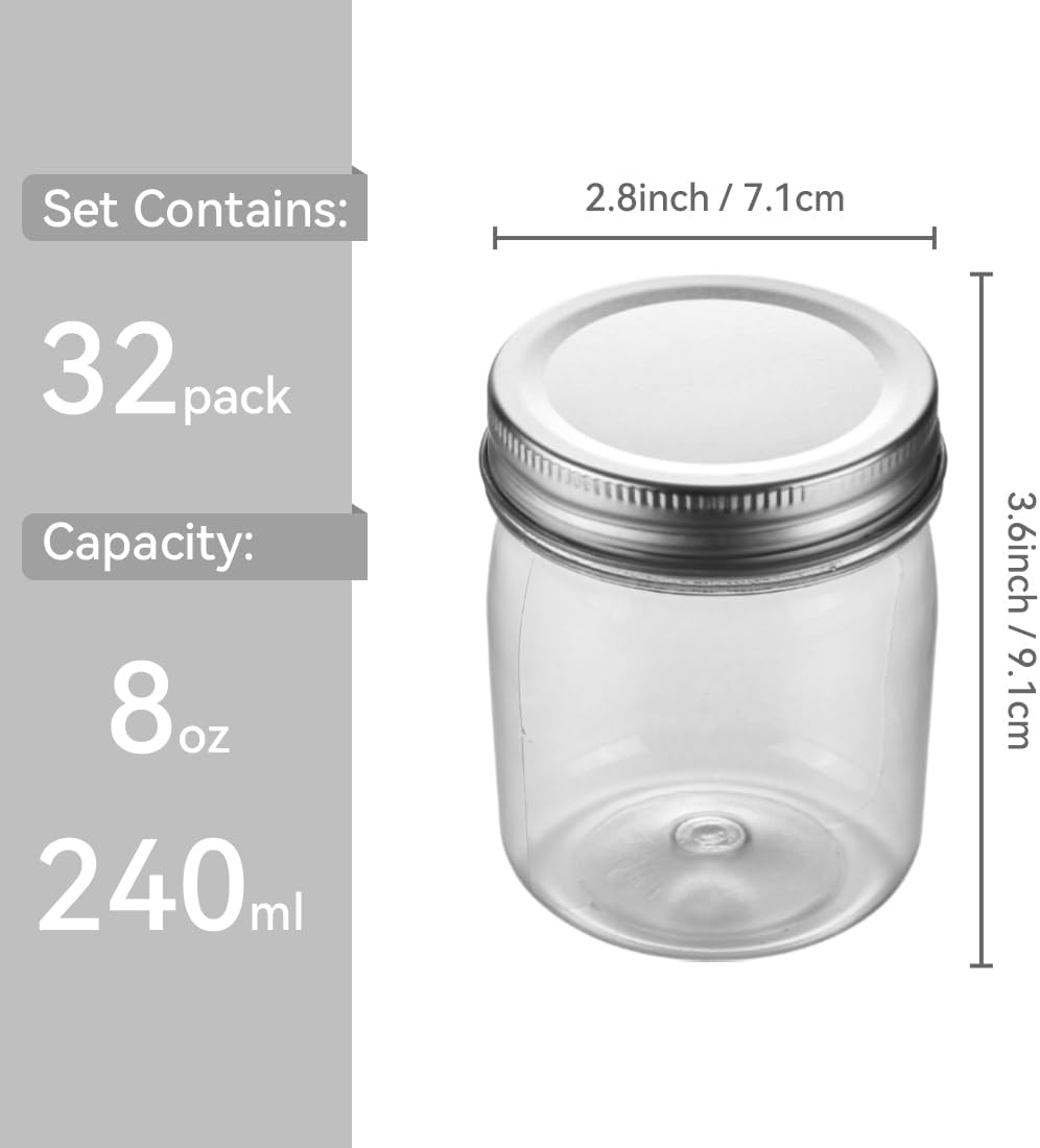 Plastic Mason Jars Reusable Storage Containers with Silver Airtight Lid 8 Ounce Clear Jars for Dry Foods, Coffee,BPA Free (32 Pack-Sliver)