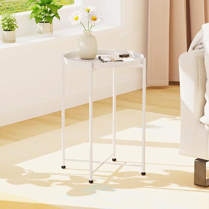 Garden 4 you Small Side Table, White Mini Round End Table, Tray Table with Metal Frame, Modern Nightstand for Living Room, Bedroom, Patio, Small Space, 1PCS