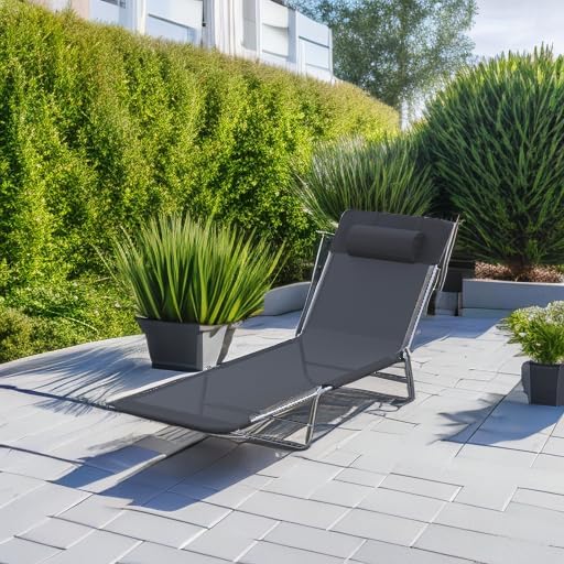Outsunny Folding Chaise Lounge Outdoor Sun Tanning Chair w/Pillow, Black | Sun Tanning Chair for Outside, Breathable Mesh Seat, Headrest, Pool, Beach, Yard, Patio