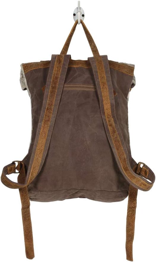 Myra Bag Classy Leather & Upcycled Canvas Backpack S-1237, 13.5" W x 19" H x 4.5" D, Ivory, Brown