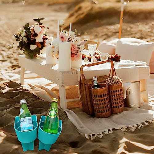 Home Queen Beach Cup Holder with Pocket, Multi-Functional Sand Cup Holder for Beverage Phone Sunglasses Key, Beach Accessory Drink Sand Coaster, 2-Pack, Turquoise