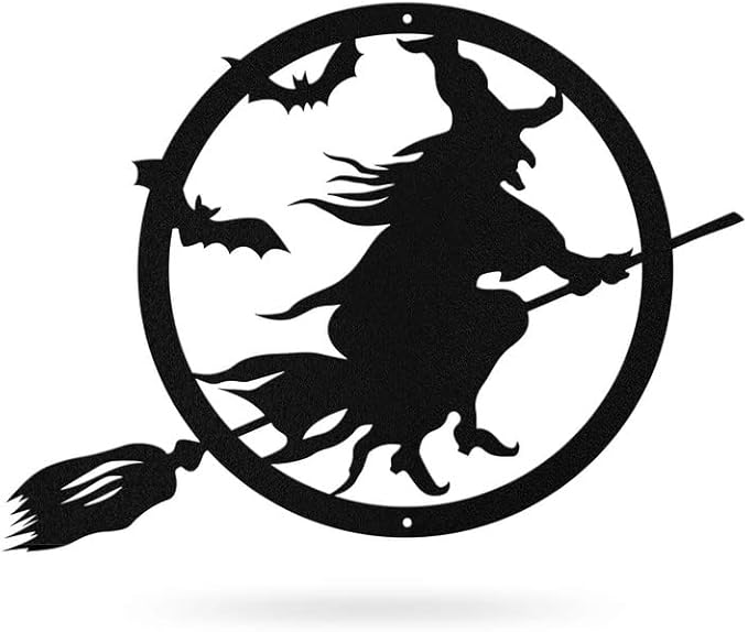 RealSteel Witch Halloween Decoration - Metal Broom Riding Décor - Scary Indoor Outdoor Wall Sign for Haunted Houses - Wicked Witch Flying Porch Art - Flying Bats Front Door Art (12, Orange)