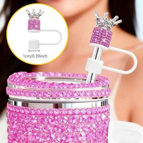3Pcs Crown Diamond Straw Toppers Set for Stanley Cup - Bling Straw Covers with Glittering Rhinestones for 30 & 40 Oz Tumblers,21 Colors for Princess Girls Gift (Hot Pink)