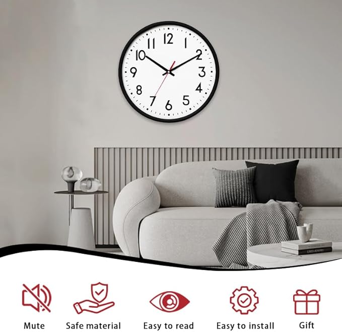 HZDHCLH Wall Clock Black, Silent Wall Clocks Battery Operated 12 Inch Modern