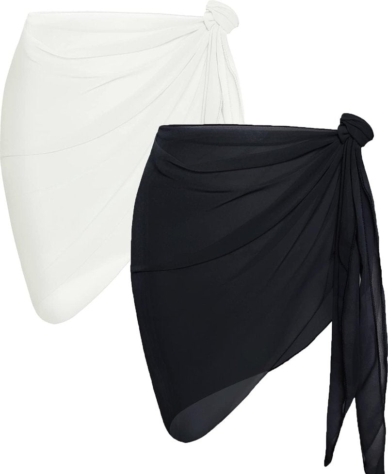 2 Pieces Women Beach Sarong Bathing Suit Wrap Skirt Sheer Bikini Swimsuit Cover Ups for Swimwear (White and Black)