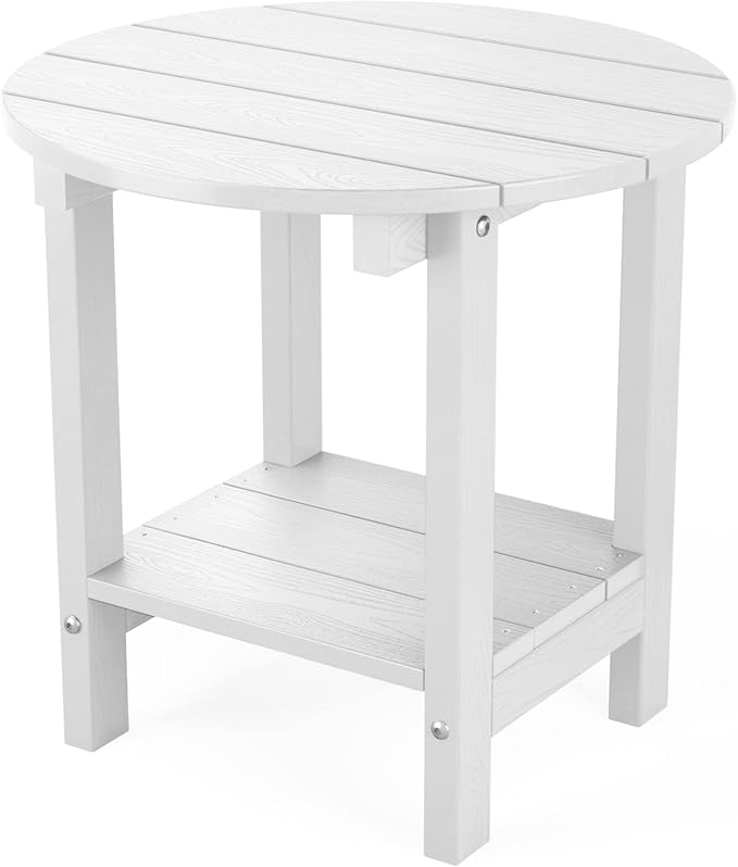 MXIMU Round Outdoor Side Table Adirondack Tables 18 Inch Chairside End Tables with Storage Shelf, 2-Tier Plastic Patio Side Table for Balcony Backyard Lawn (White, 1 Pack)