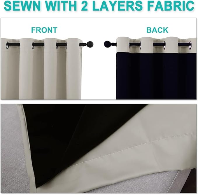 NICETOWN Natural 100% Blackout Lined Curtains, 1 Pair, 2 Thick Layers Narrow