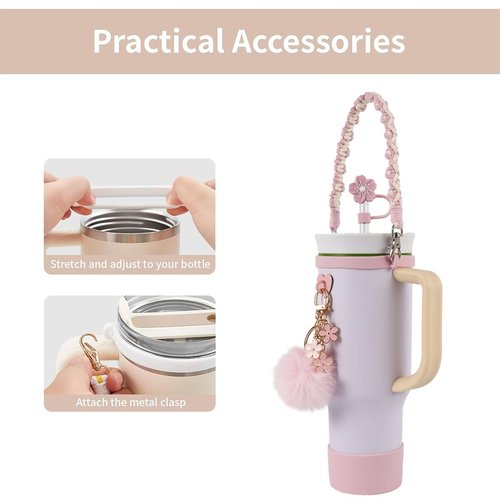 AAUP Cup Accessories Set, Includes Water Bottle Holder,Straw Cover,Silicone Boot,Pompom Ball,Daisy key-chain, Compatible with Stanley Cup16oz 24oz and 40oz (Flower pink)