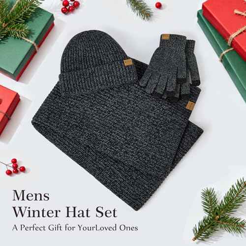 Mens Winter Beanie Hat Touchscreen Gloves Long Scarf 3 Set with Warm Fleece Lined Knit Cap Scarves for Men Women