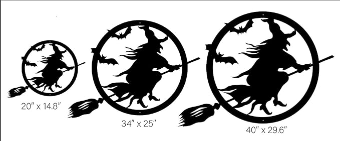 RealSteel Witch Halloween Decoration - Metal Broom Riding Décor - Scary Indoor Outdoor Wall Sign for Haunted Houses - Wicked Witch Flying Porch Art - Flying Bats Front Door Art (18, Orange)