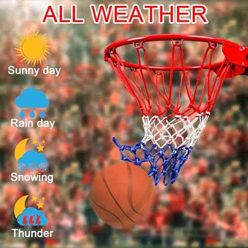Basketball Net Replacement, 2025 Upgrade Thick Professional Basketball Nets Heavy Duty Outdoor, All Weather Anti Whip Color Never Fade -12 Loops (Red White Blue)