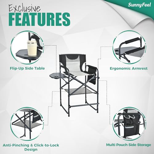 SUNNYFEEL Tall Camping Directors Chair, Portable Folding Artist Makeup Chair with Side Table, Pocket, Footrest, Heavy Duty for Beach,Trip,Picnic,Concert Outdoor Foldable Camp Lawn Chairs