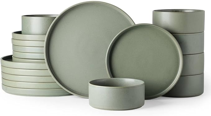 GBhome Ceramic Dinnerware Sets for 6, Matte Stoneware Plates and Bowls Sets,Chip and Scratch Resistant Dishes, Dishwasher & Microwave Safe, Oven safe,Reactive Glaze-Green
