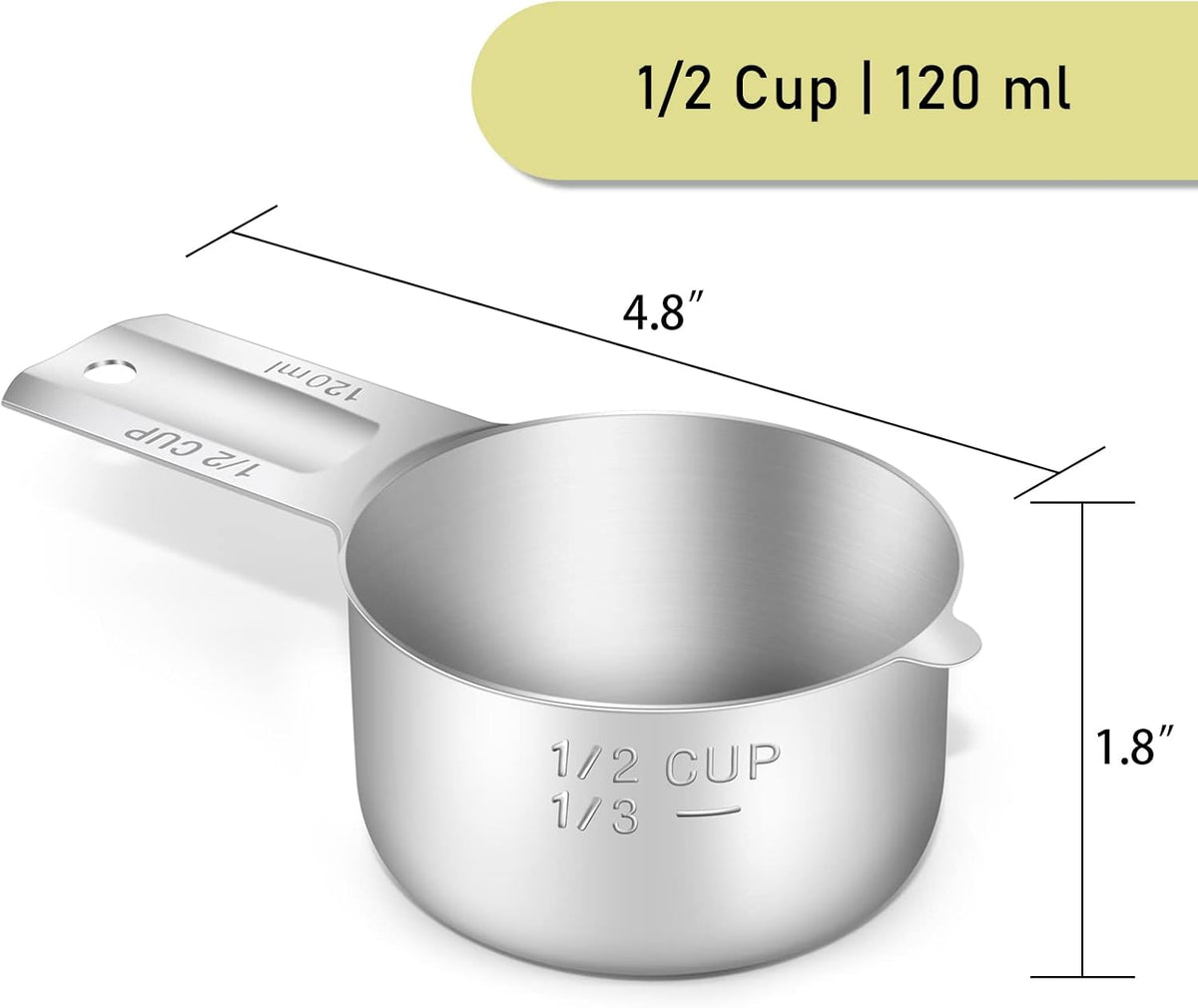 1PCS 1/2Cup (120ml, 4oz) Single Measuring Cup, Stainless Steel Measure Scoop, Metric and US Measurement, Dishwasher Safe