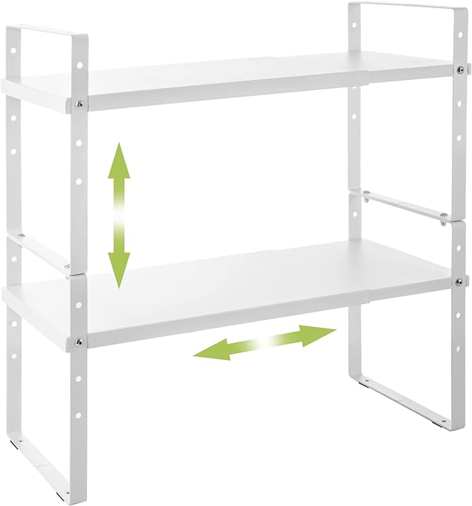 Expandable Cabinet Shelf Organizer Rack, Stackable Kitchen Counter Storage Shelves Stand, Adjustable Height Pantry Shelf Spice Rack