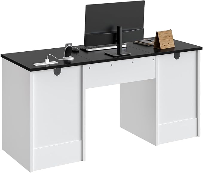 Bestier 59” Office Desk with Lockable Drawers, Modern Computer Desk with File Drawer, Charging Station & Drop-Front Keyboard Drawer, Executive Desk with Storage Cabinet for Home Office & Studio, White
