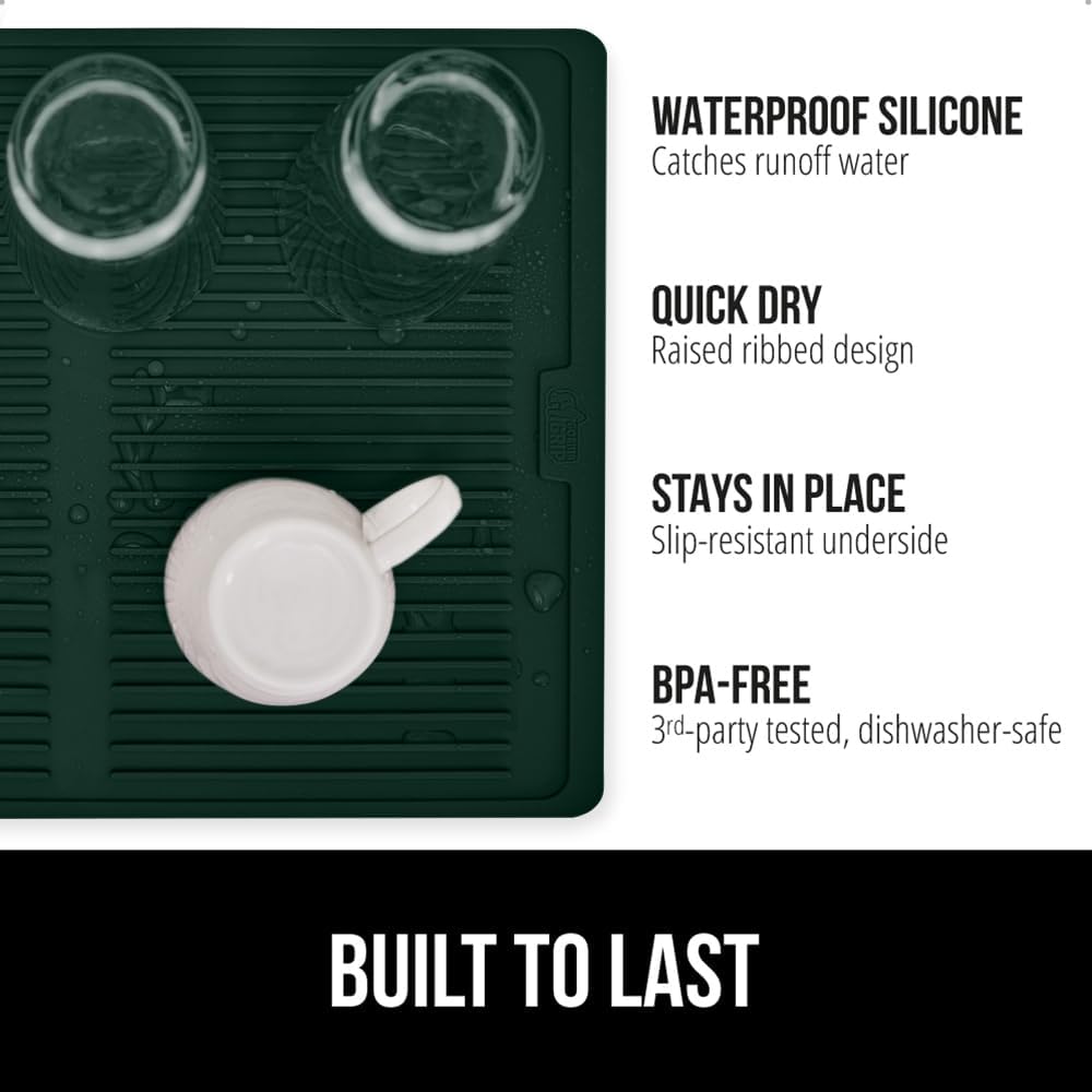 GORILLA GRIP 100% BPA-Free Silicone Dish Drying Mat for Kitchen Counter, Quick Dry, Water Catching Ribbed Design, Easy Clean Waterproof Sink Liner, Heat Resistant, Fits Under Rack, 13x11, Hunter Green