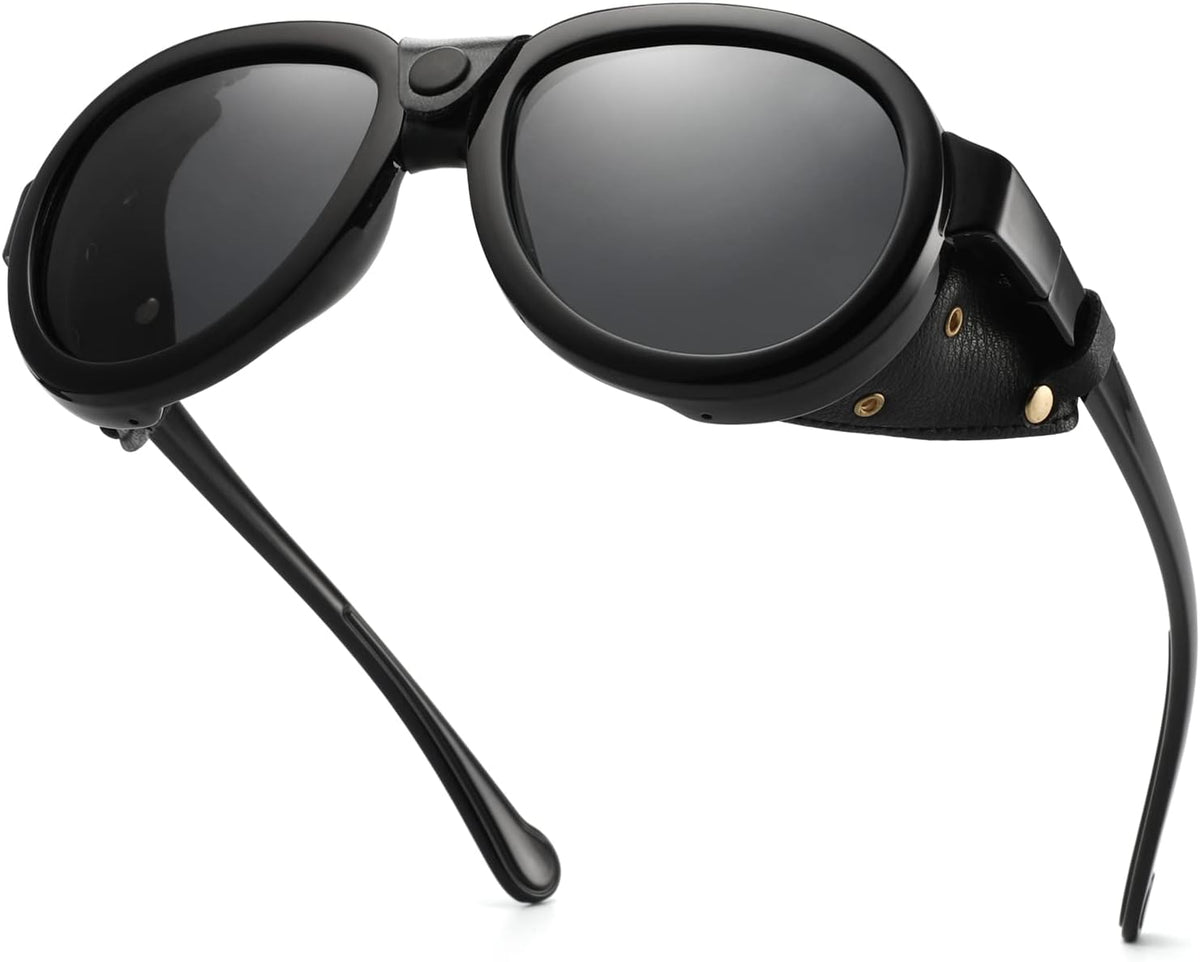 Skiennix Retro Aviator Steampunk Sunglasses - Polarized Vintage Goggles with Leather Side Shields for Men & Women