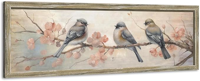Rustic Chickadee Framed Wall Art: Vintage Bird Wooden Painting Colorful Cute Sparrow Picture Pink Flower Branch Prints Countryside Artwork Decor for Living Room Bedroom Farmhouse