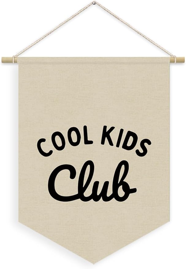Kids Room Decor, Cool Kids Club Linen Canvas Banner, Neutral Minimalist PlayRoom Wall Hanging Pennant Flag Banner for Nursery Toddler Room Bedroom Decor, 15x11in