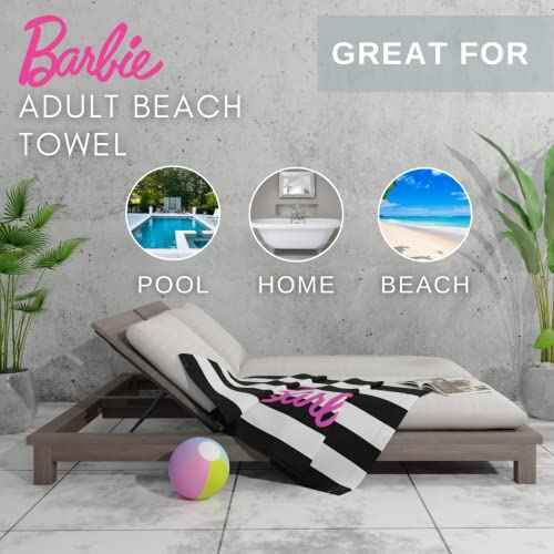 Franco Barbie Barbiecore Black & White Striped Soft Cotton Bath/Pool/Beach Towel, 60 in x 30 in, (Official Licensed Barbie Product)